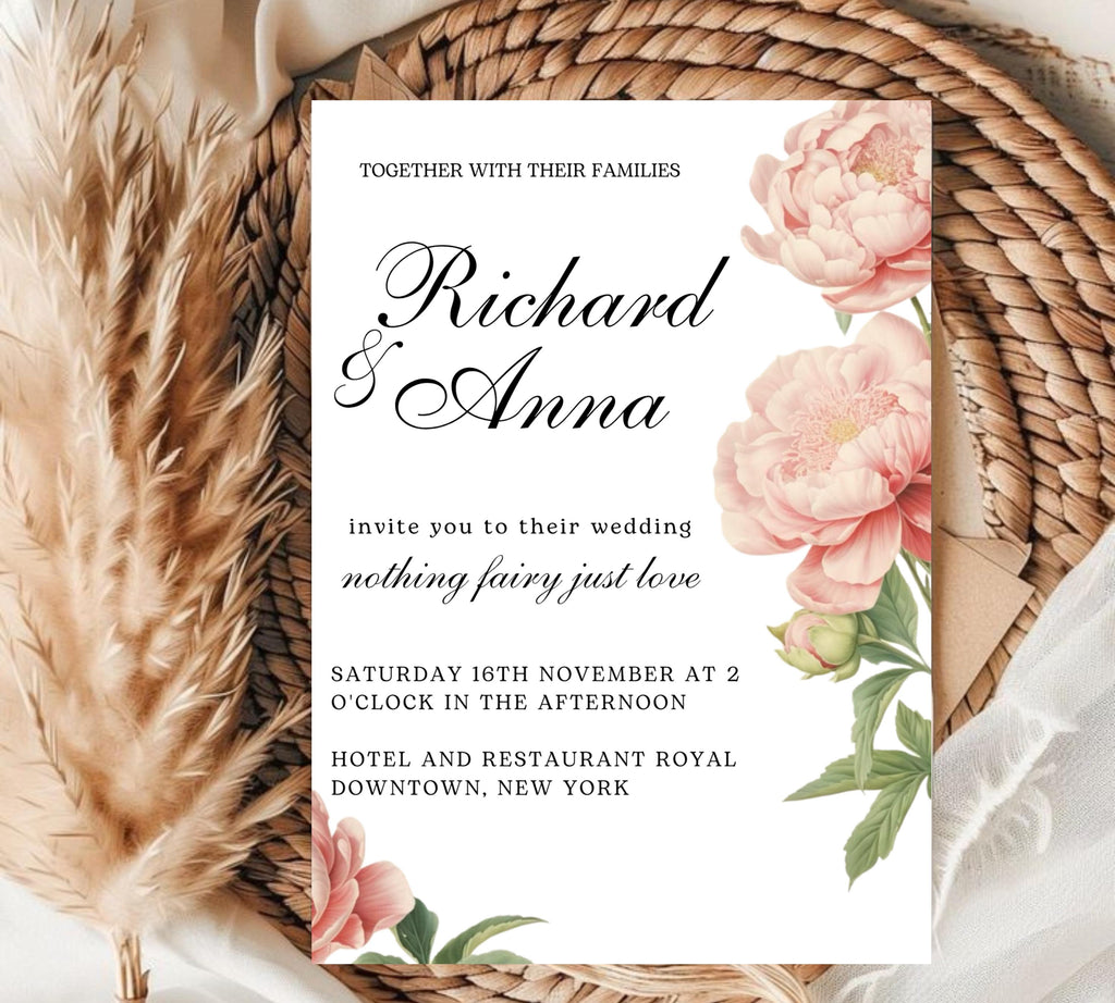 Editable Elegant Peony Floral  Wedding Invitation Bundle, Blush pink Peony Wedding Invitation set, Printable PEONY Wedding Invitation