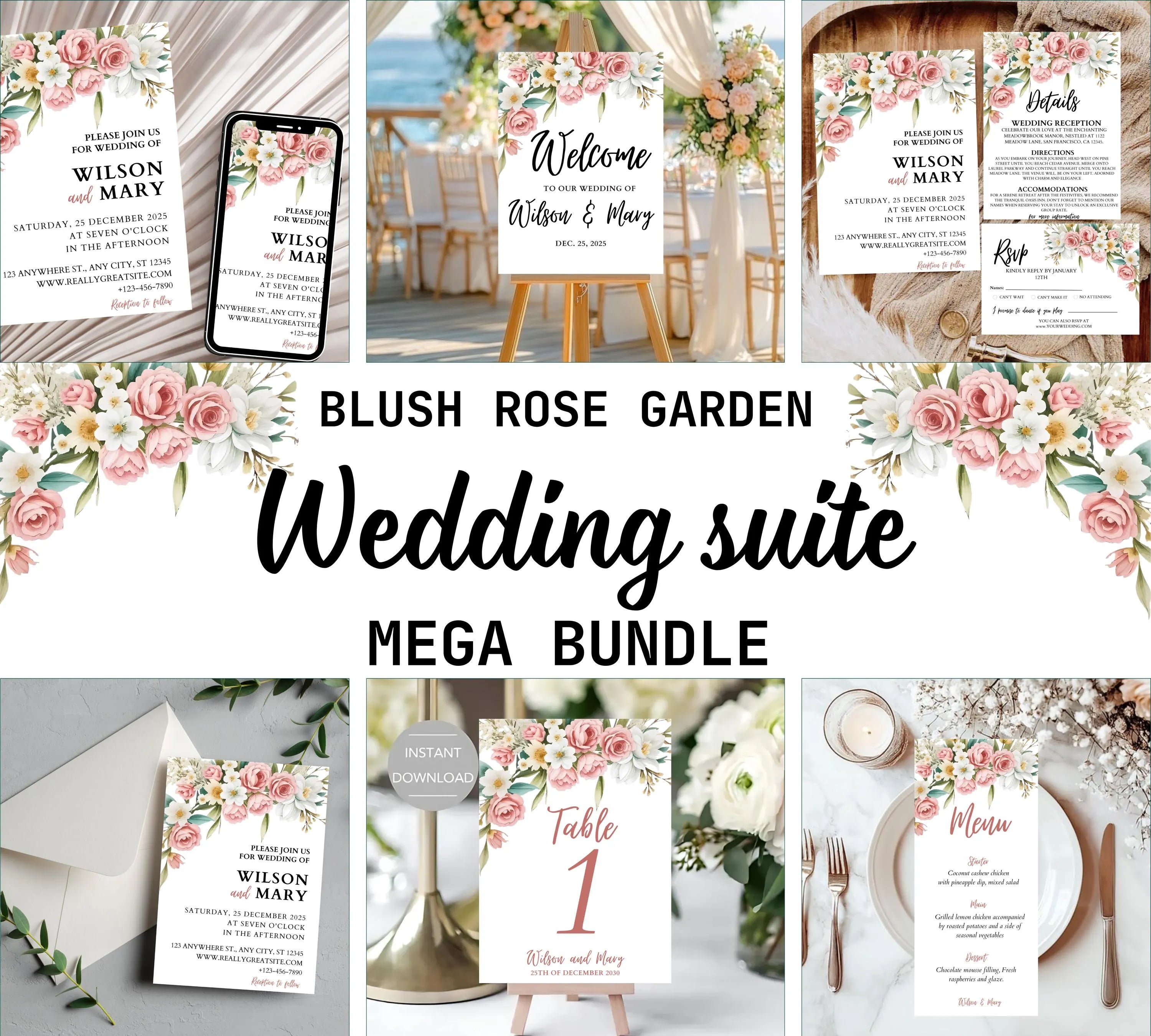 Blush Rose Garden Wedding Invitation bundle, Garden Wedding Invitation, Dusty Pink Wedding Invite, Pink Wildflower Wedding Invitation Suite
