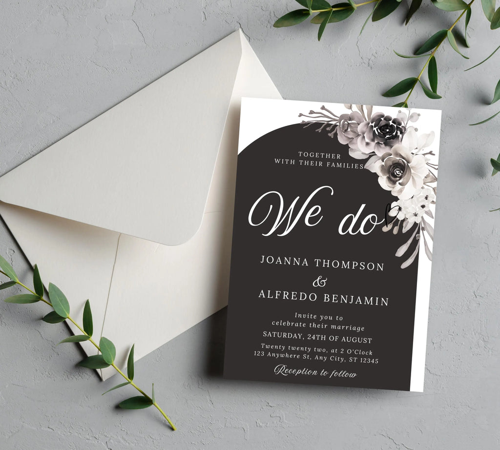 Modern Floral Arch Wedding Invitation bundle, Elegant Minimalist Peonies Invite set, Black & White Floral Arch Wedding Invitation suite