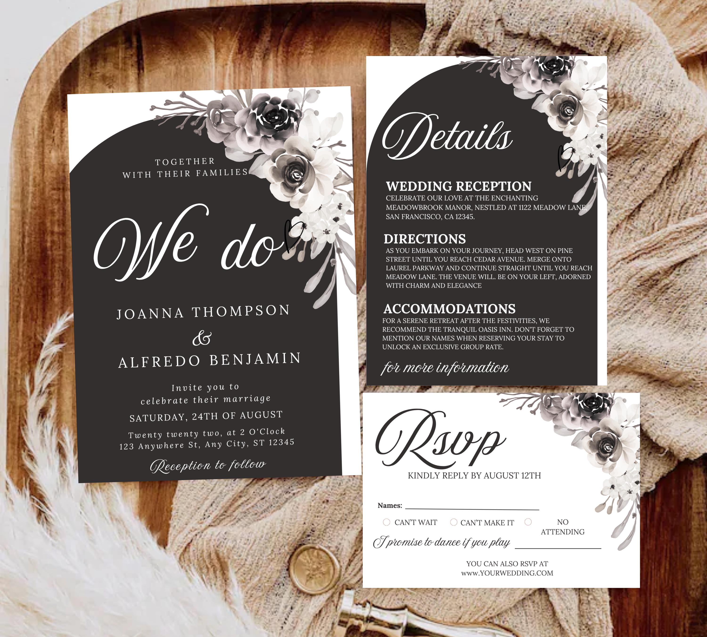 Modern Floral Arch Wedding Invitation bundle, Elegant Minimalist Peonies Invite set, Black & White Floral Arch Wedding Invitation suite