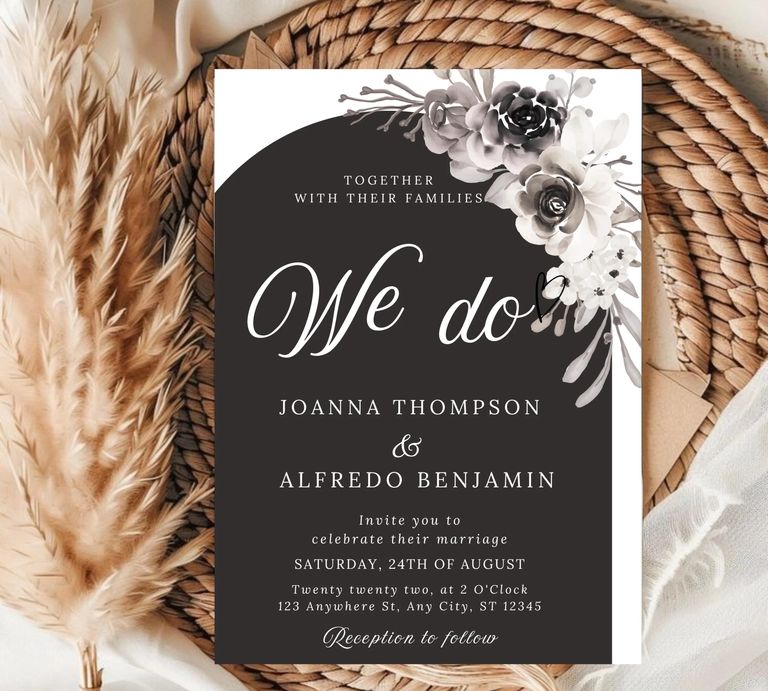 Modern Floral Arch Wedding Invitation bundle, Elegant Minimalist Peonies Invite set, Black & White Floral Arch Wedding Invitation suite