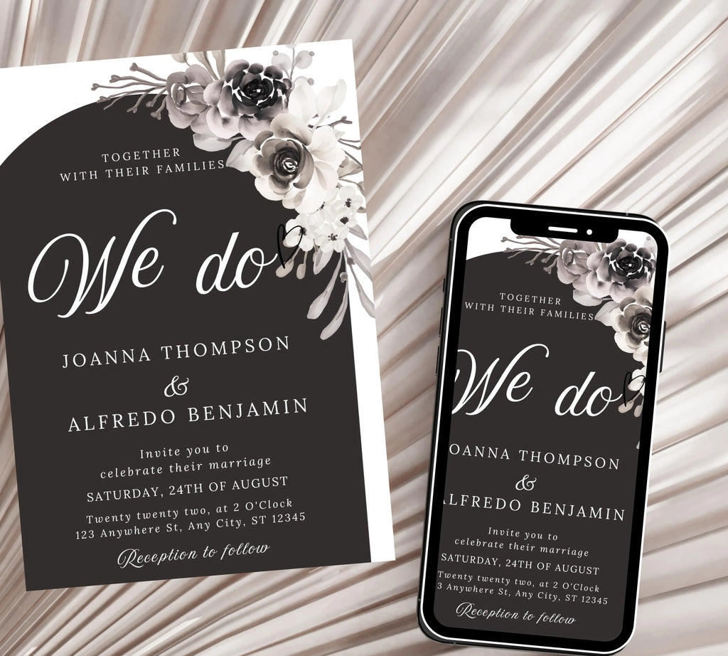 Modern Floral Arch Wedding Invitation bundle, Elegant Minimalist Peonies Invite set, Black & White Floral Arch Wedding Invitation suite