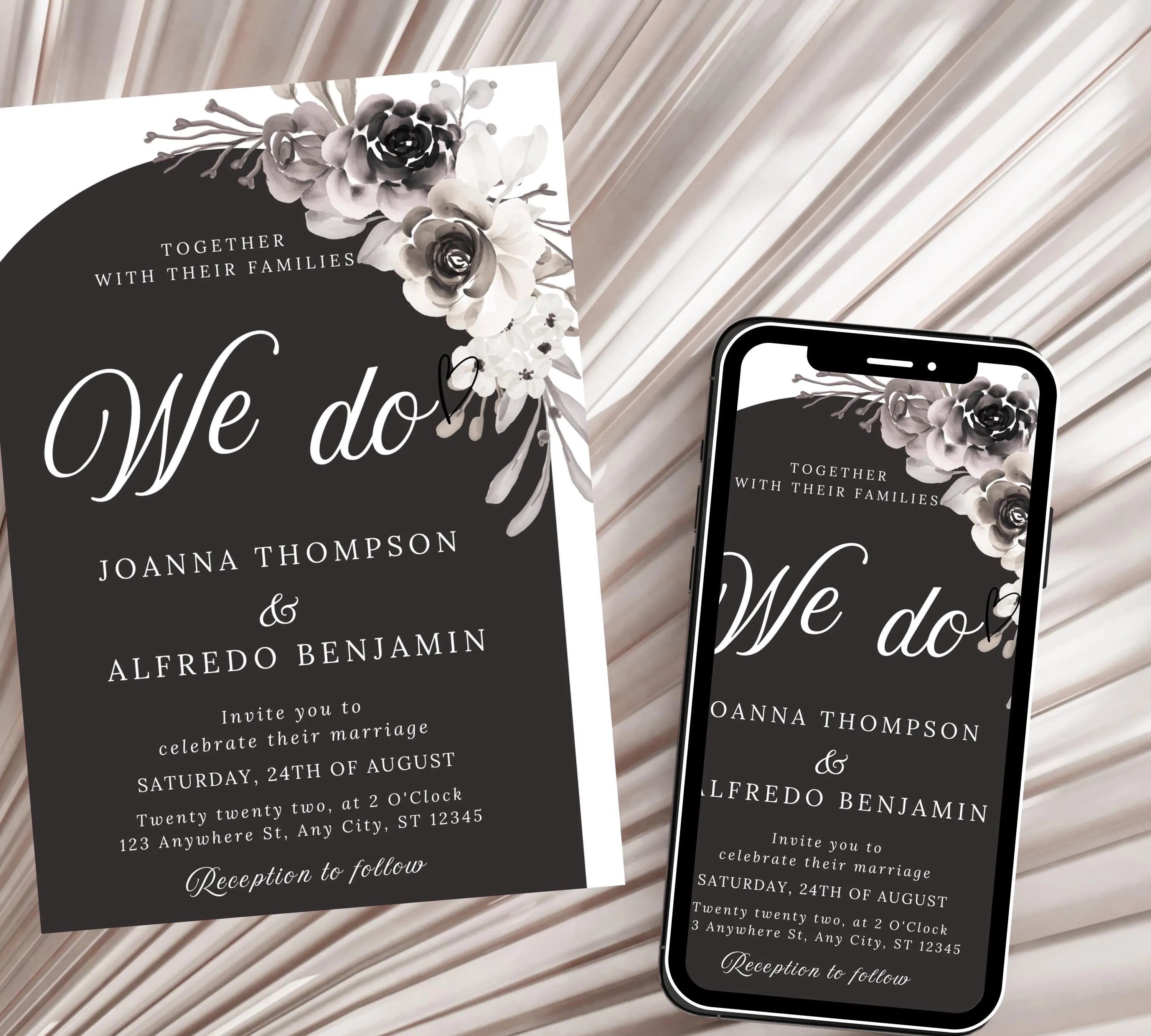 Modern Floral Arch Wedding Invitation bundle, Elegant Minimalist Peonies Invite set, Black & White Floral Arch Wedding Invitation suite