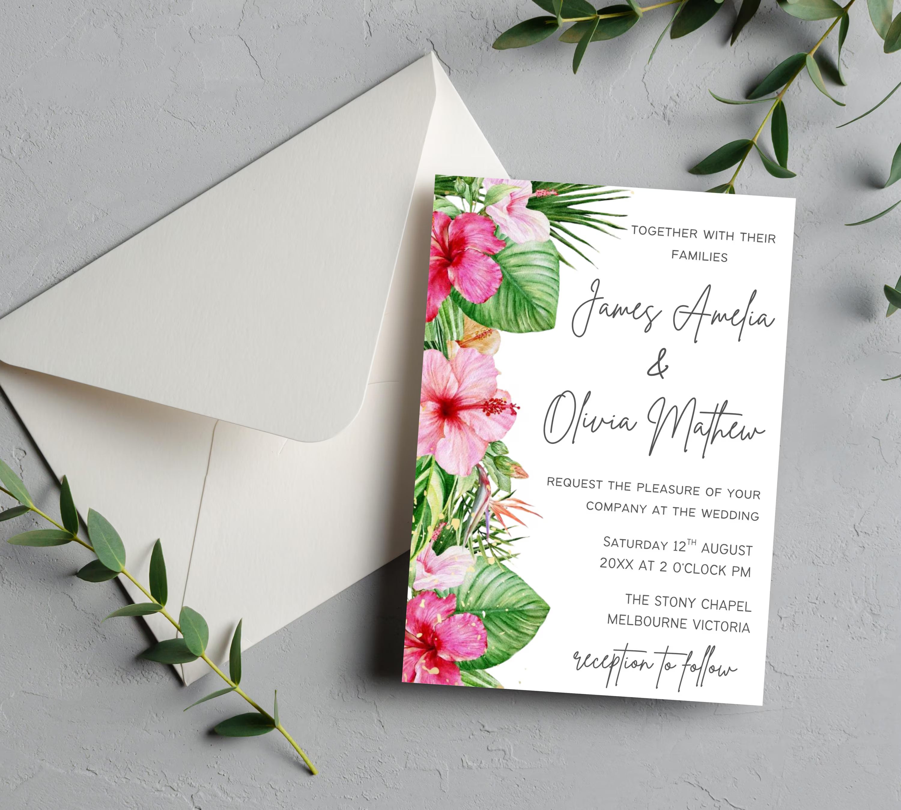 Editable Tropical Floral Wedding Invitations bundle, Printable Wedding Invite set, Tropical Floral Canva Template, DIY Wedding Invitation
