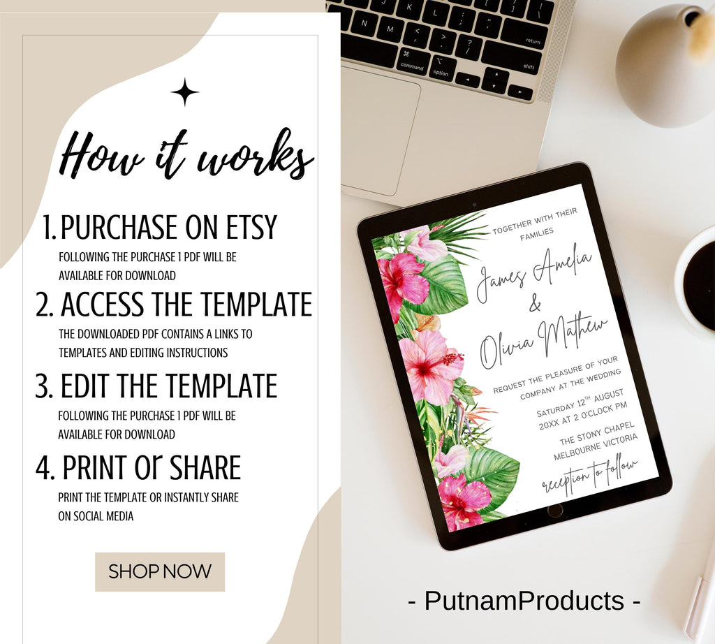 Editable Tropical Floral Wedding Invitations bundle, Printable Wedding Invite set, Tropical Floral Canva Template, DIY Wedding Invitation