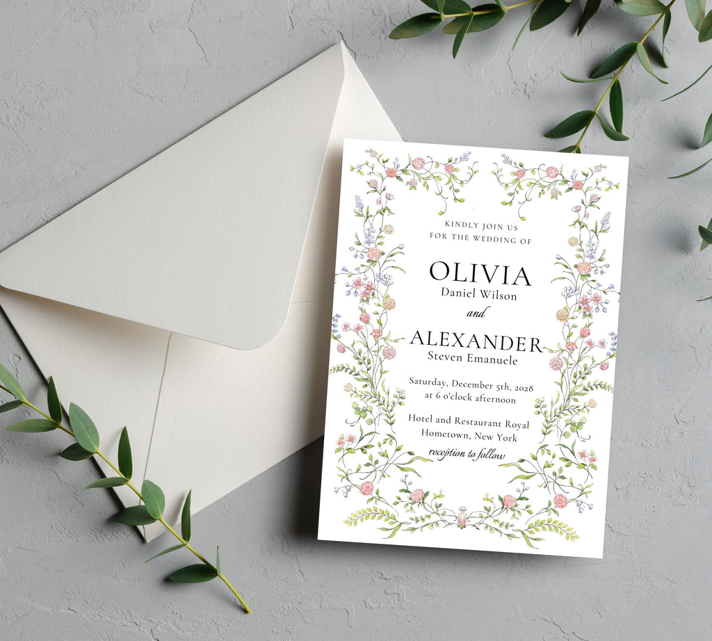 Soft Pastel Garden Wedding Invitation bundle, Pastel Wildflower Wedding Invitation suit, Elegant Garden Flowers Wedding Invite set.