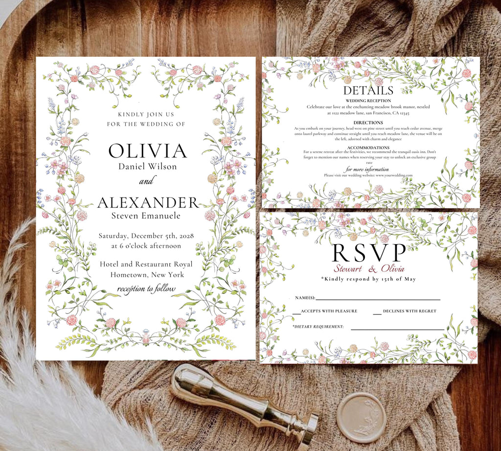 Soft Pastel Garden Wedding Invitation bundle, Pastel Wildflower Wedding Invitation suit, Elegant Garden Flowers Wedding Invite set.