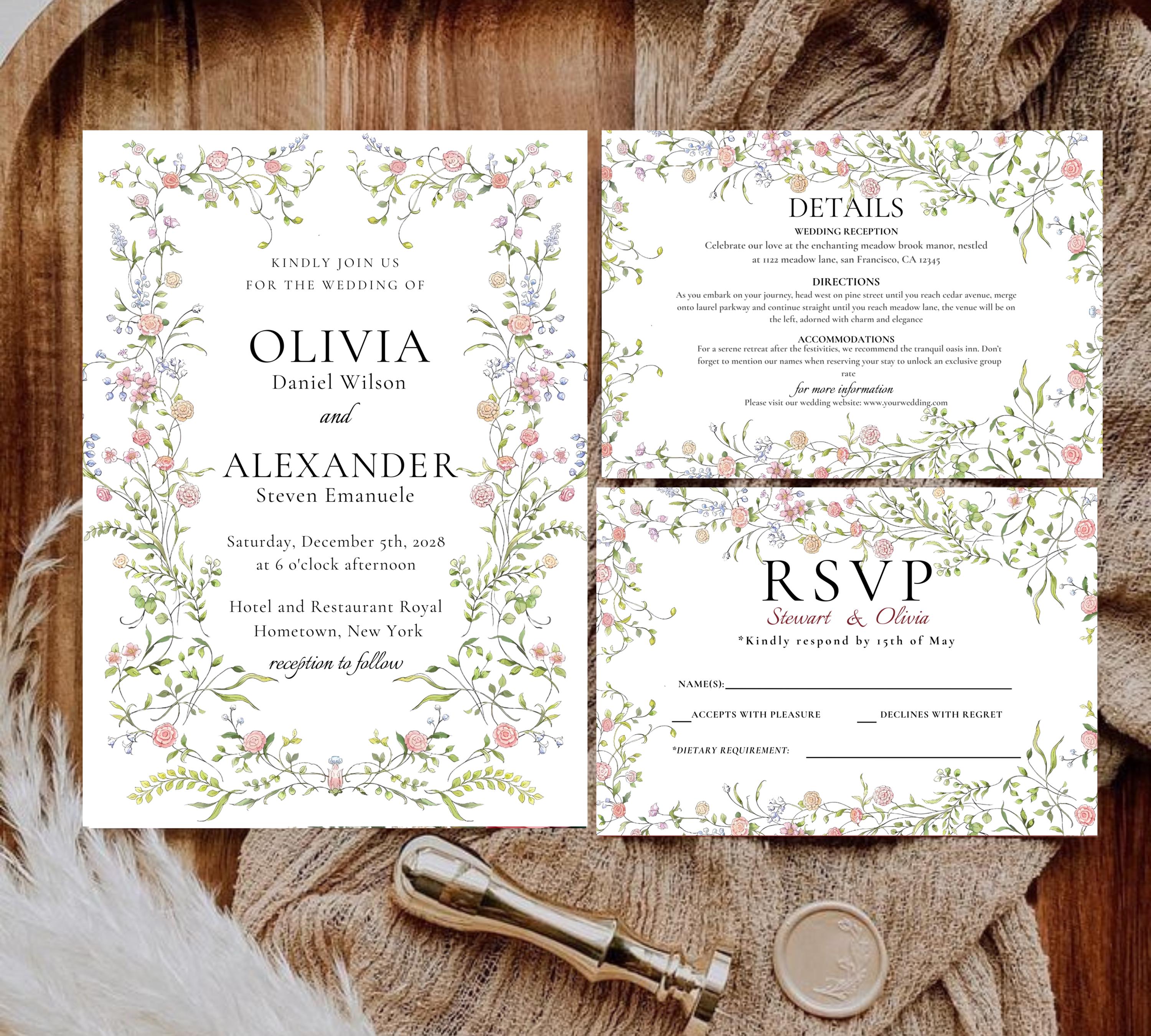 Soft Pastel Garden Wedding Invitation bundle, Pastel Wildflower Wedding Invitation suit, Elegant Garden Flowers Wedding Invite set.