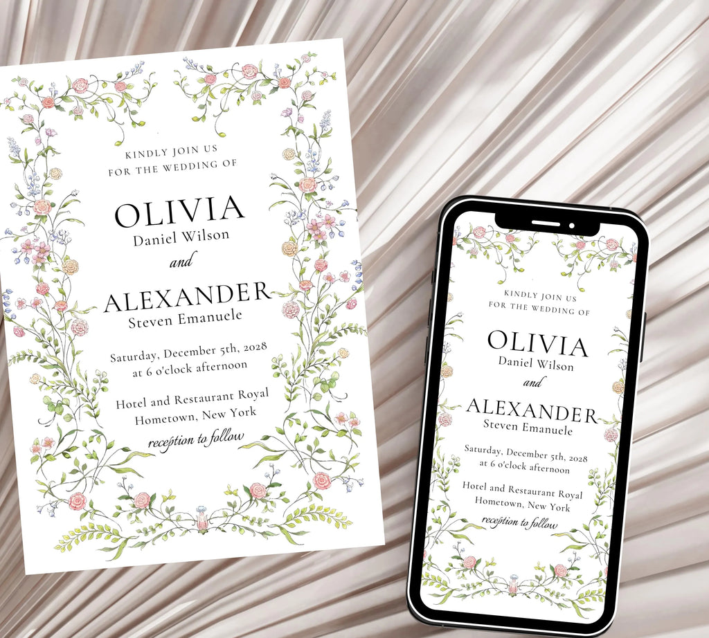 Soft Pastel Garden Wedding Invitation bundle, Pastel Wildflower Wedding Invitation suit, Elegant Garden Flowers Wedding Invite set.