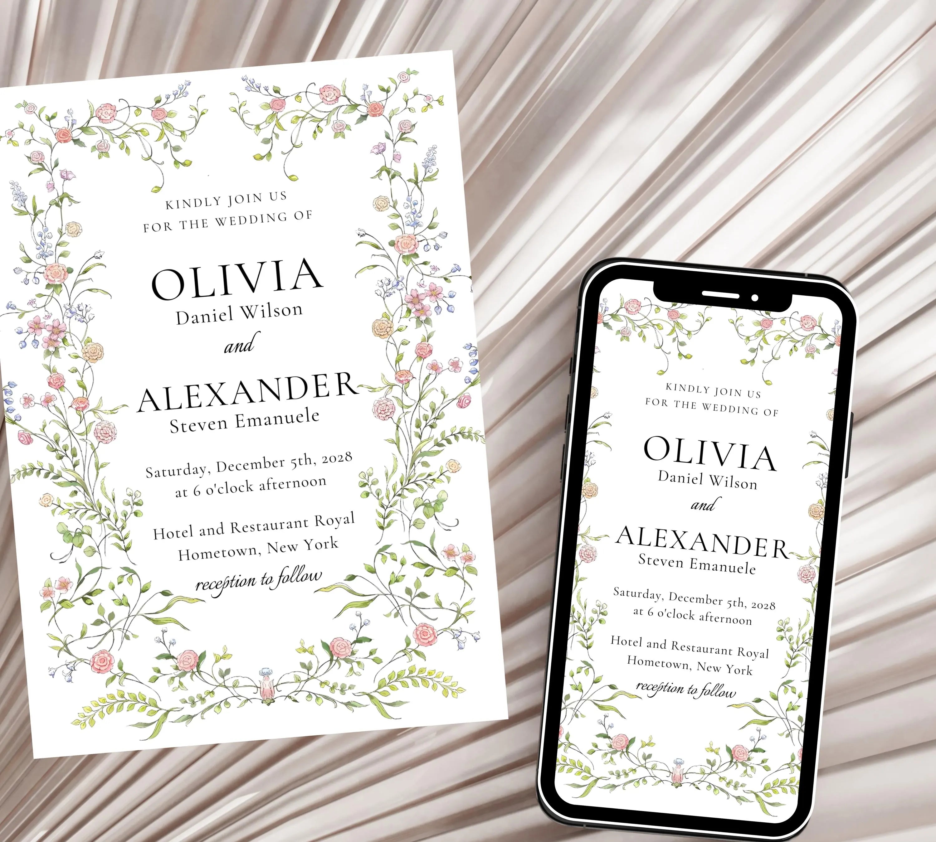 Soft Pastel Garden Wedding Invitation bundle, Pastel Wildflower Wedding Invitation suit, Elegant Garden Flowers Wedding Invite set.