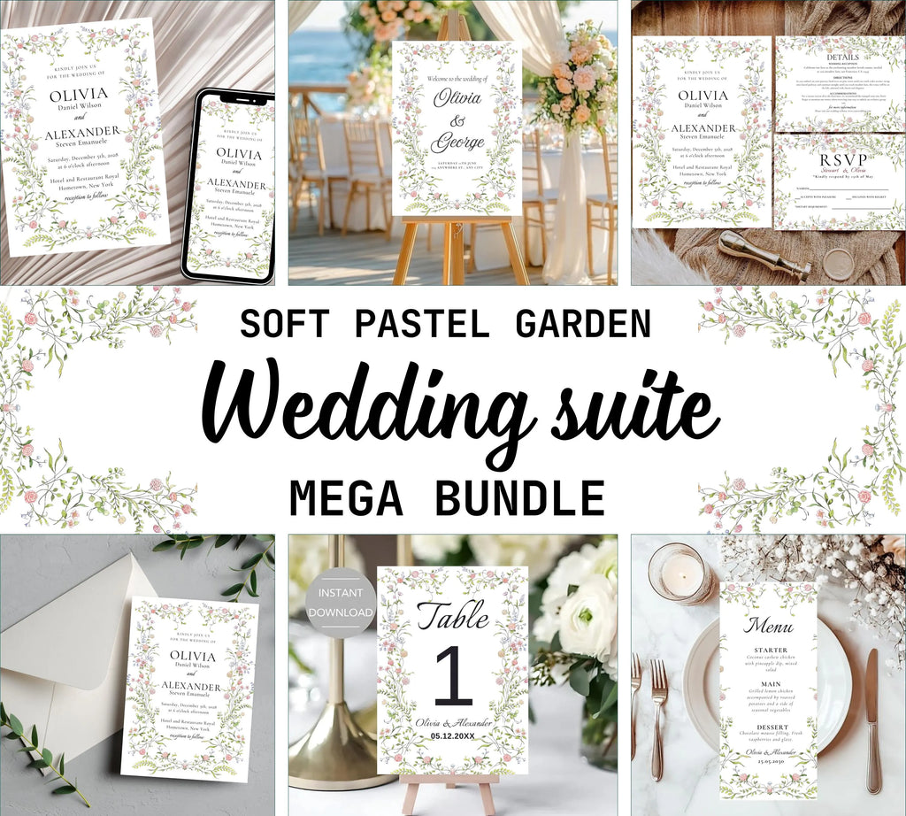 Soft Pastel Garden Wedding Invitation bundle, Pastel Wildflower Wedding Invitation suit, Elegant Garden Flowers Wedding Invite set.