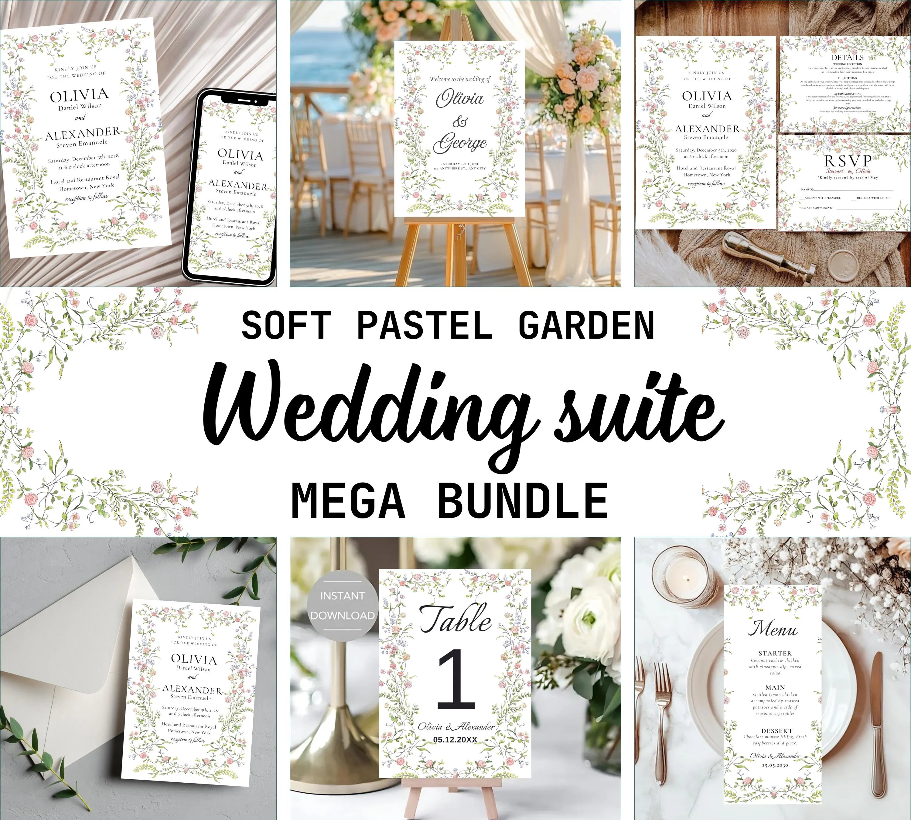 Soft Pastel Garden Wedding Invitation bundle, Pastel Wildflower Wedding Invitation suit, Elegant Garden Flowers Wedding Invite set.