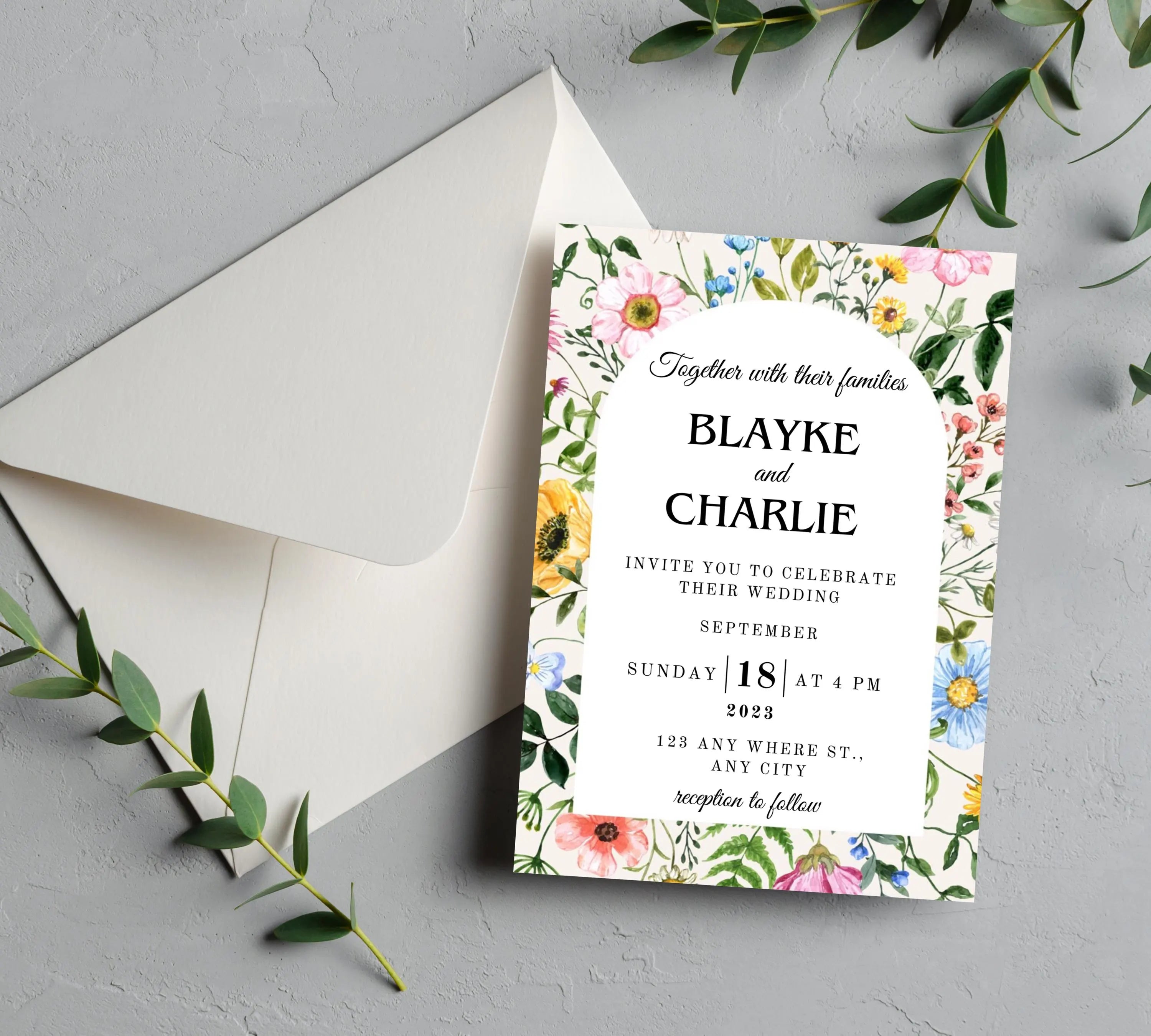 Editable Wildflower Meadow Wedding Invitation bundle, Pastel Wildflower Wedding Invitation set, Elegant Garden Flowers Wedding Invite