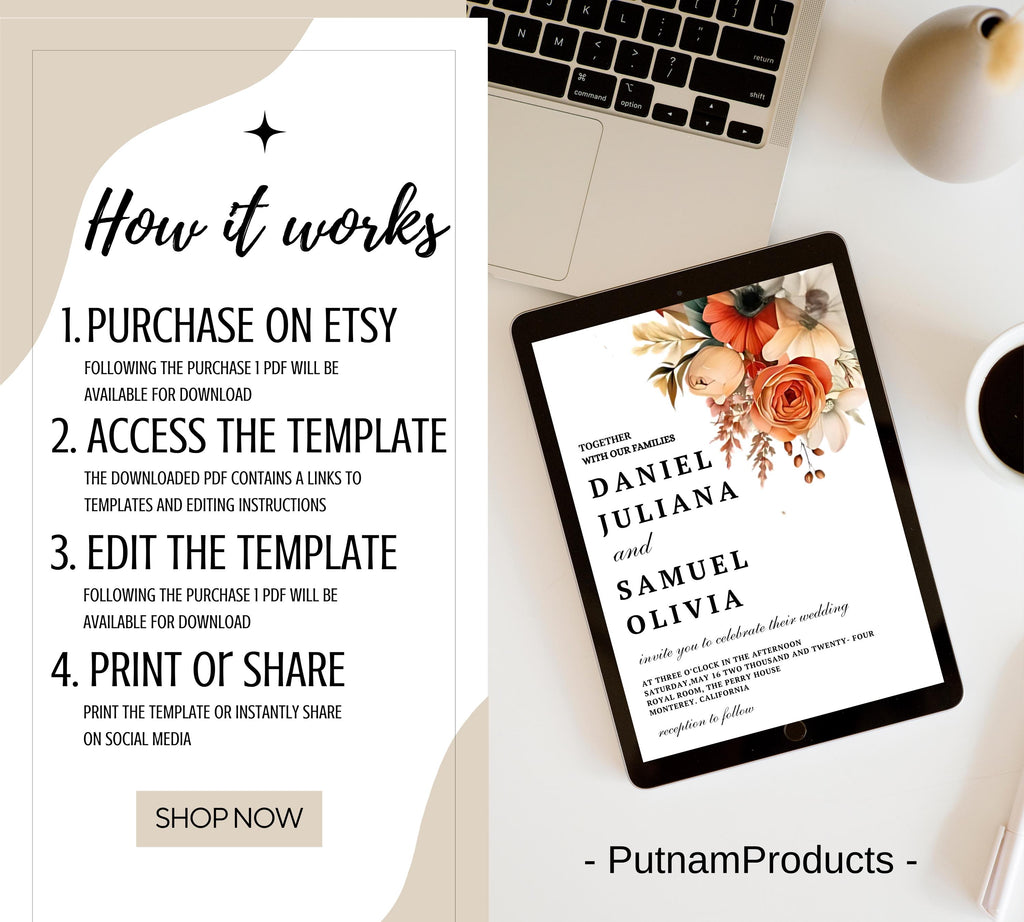 Terracotta and Rose Floral Wedding invitation bundle, Floral Elegant Wedding Invite set, Printable Modern Burnt Orange Rose Wedding Invite