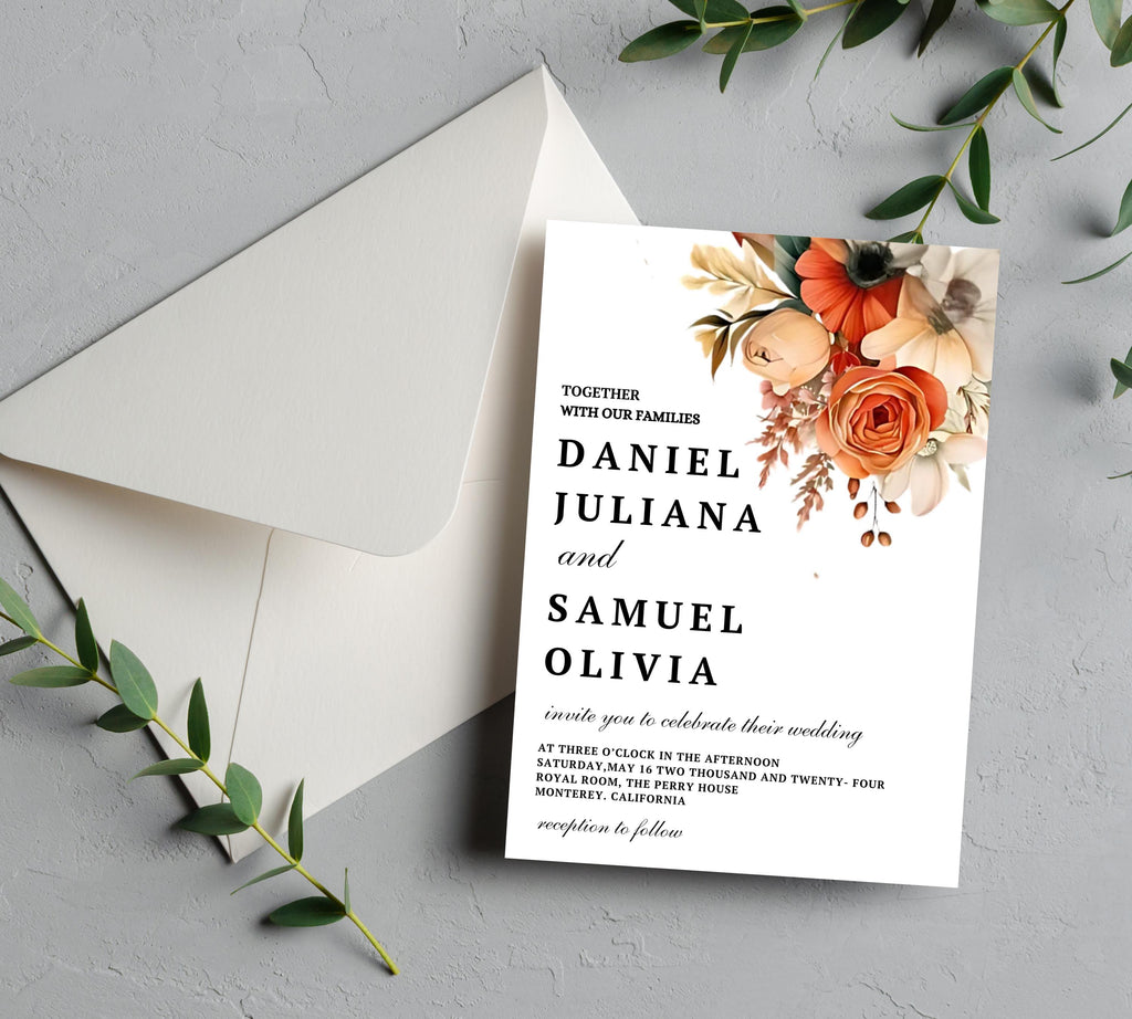 Terracotta and Rose Floral Wedding invitation bundle, Floral Elegant Wedding Invite set, Printable Modern Burnt Orange Rose Wedding Invite