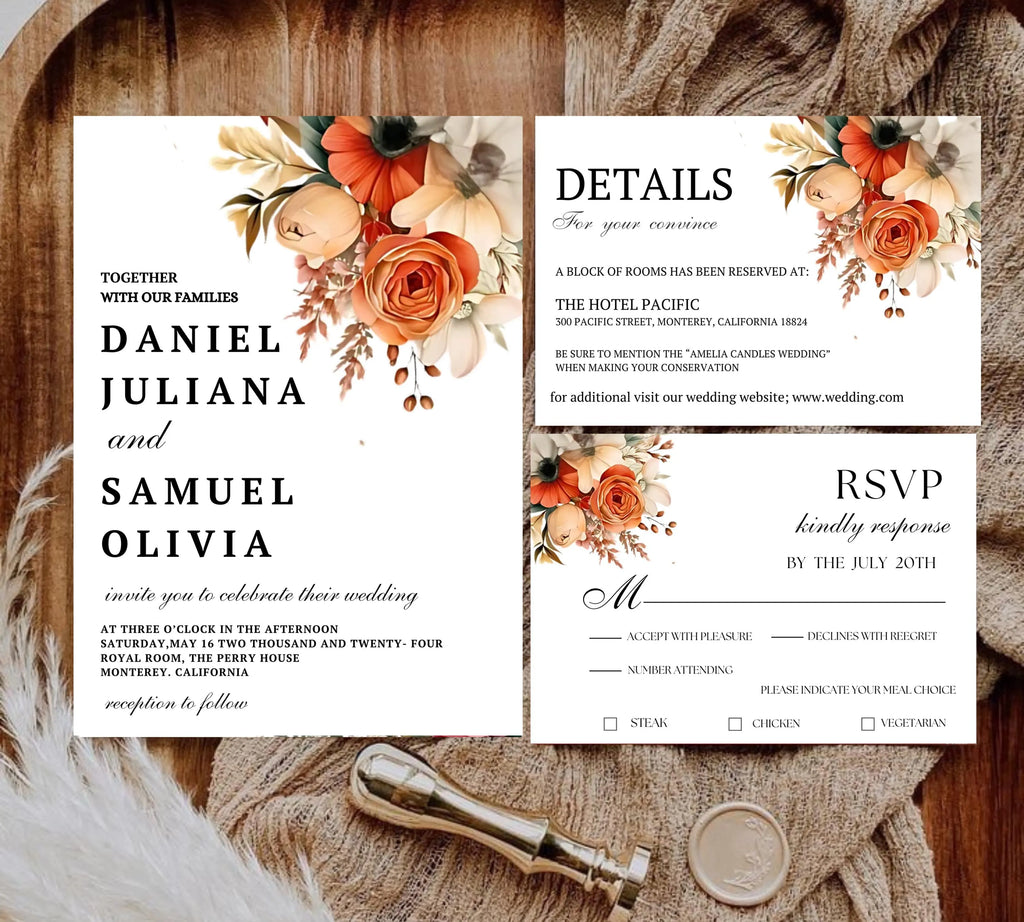 Terracotta and Rose Floral Wedding invitation bundle, Floral Elegant Wedding Invite set, Printable Modern Burnt Orange Rose Wedding Invite