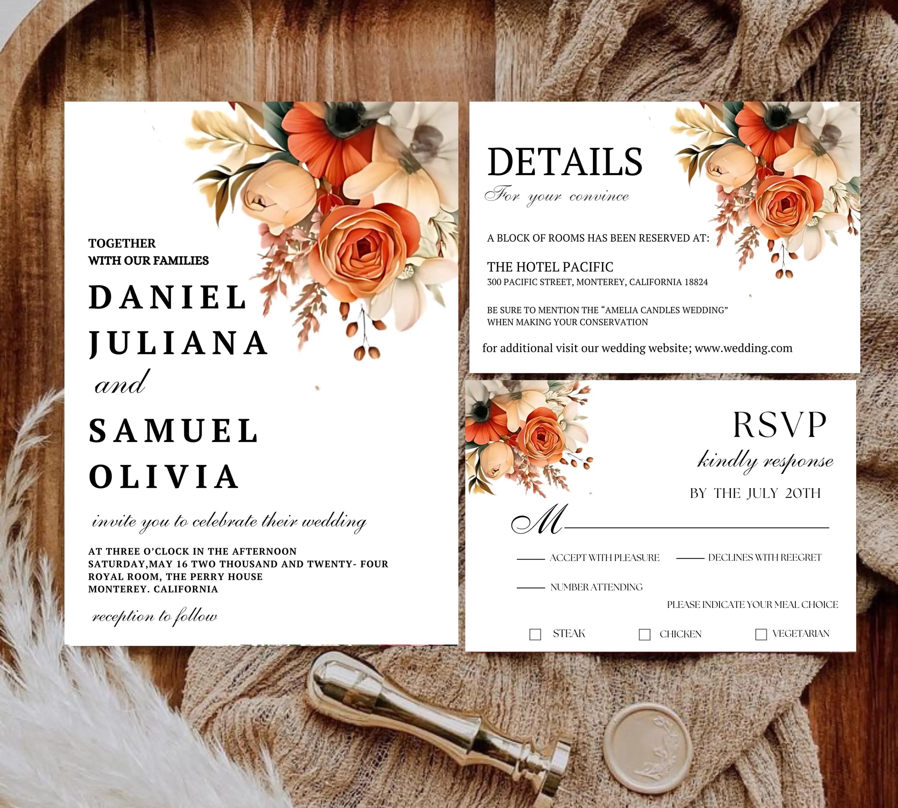Terracotta and Rose Floral Wedding invitation bundle, Floral Elegant Wedding Invite set, Printable Modern Burnt Orange Rose Wedding Invite
