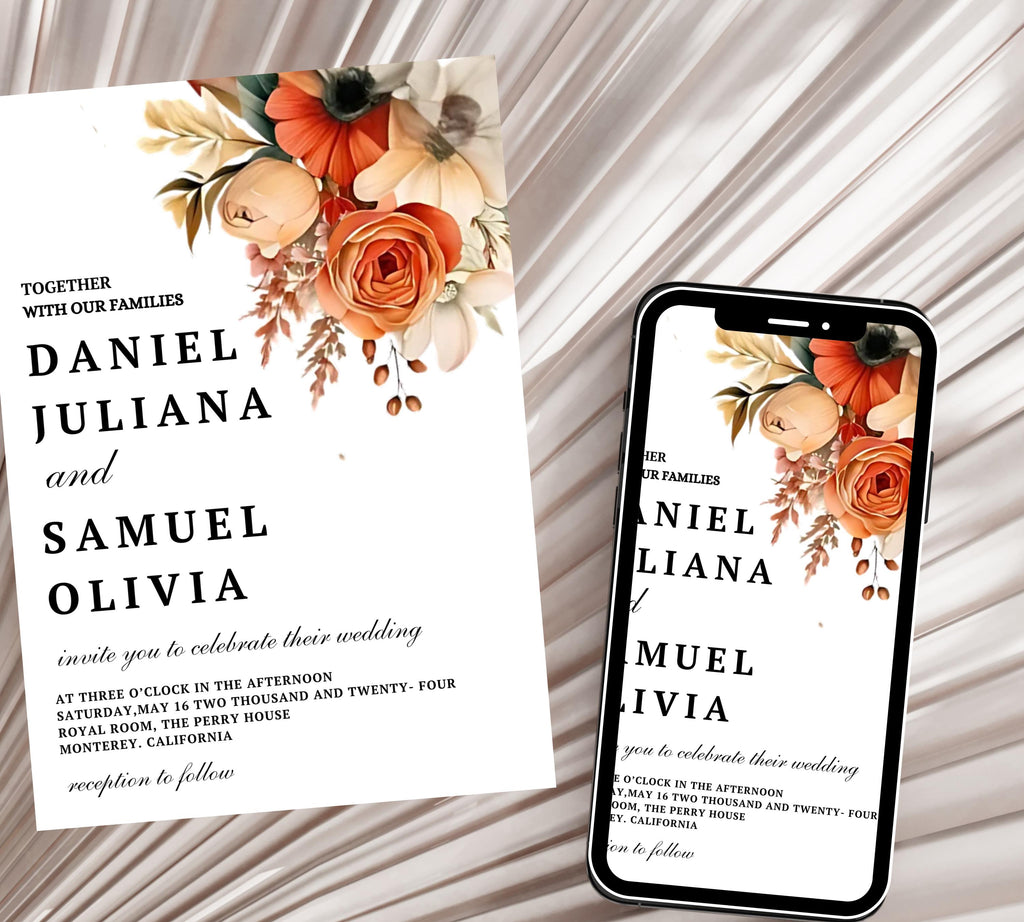 Terracotta and Rose Floral Wedding invitation bundle, Floral Elegant Wedding Invite set, Printable Modern Burnt Orange Rose Wedding Invite