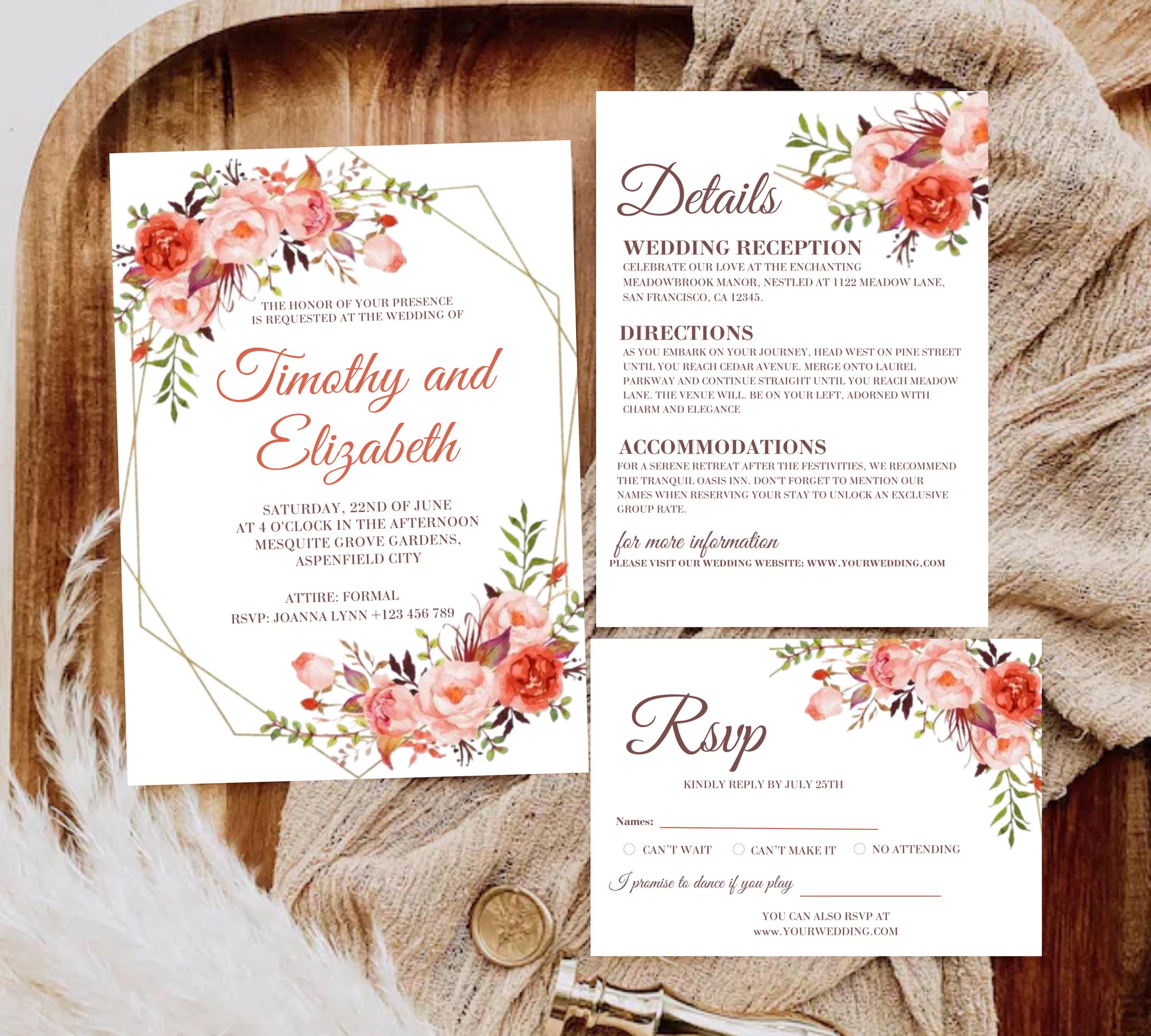 Printable Coral and Gold Floral Wedding Invitation bundle, Watercolor Floral wedding Invitation set, pink Floral RSVP Details Template