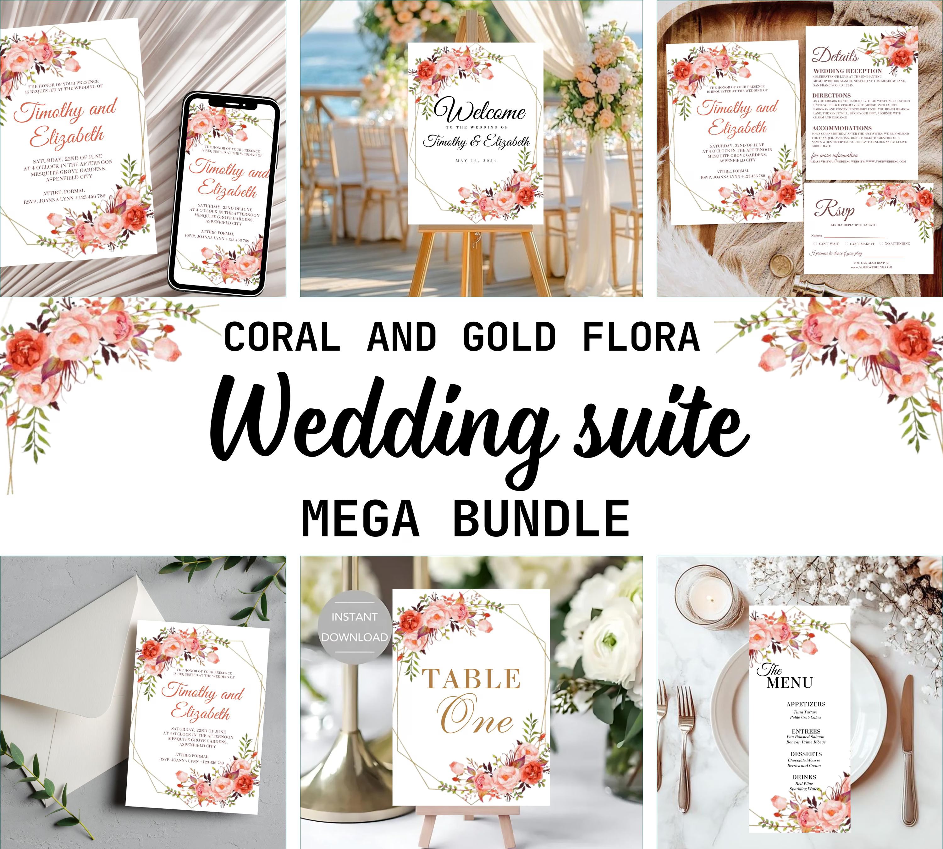 Printable Coral and Gold Floral Wedding Invitation bundle, Watercolor Floral wedding Invitation set, pink Floral RSVP Details Template