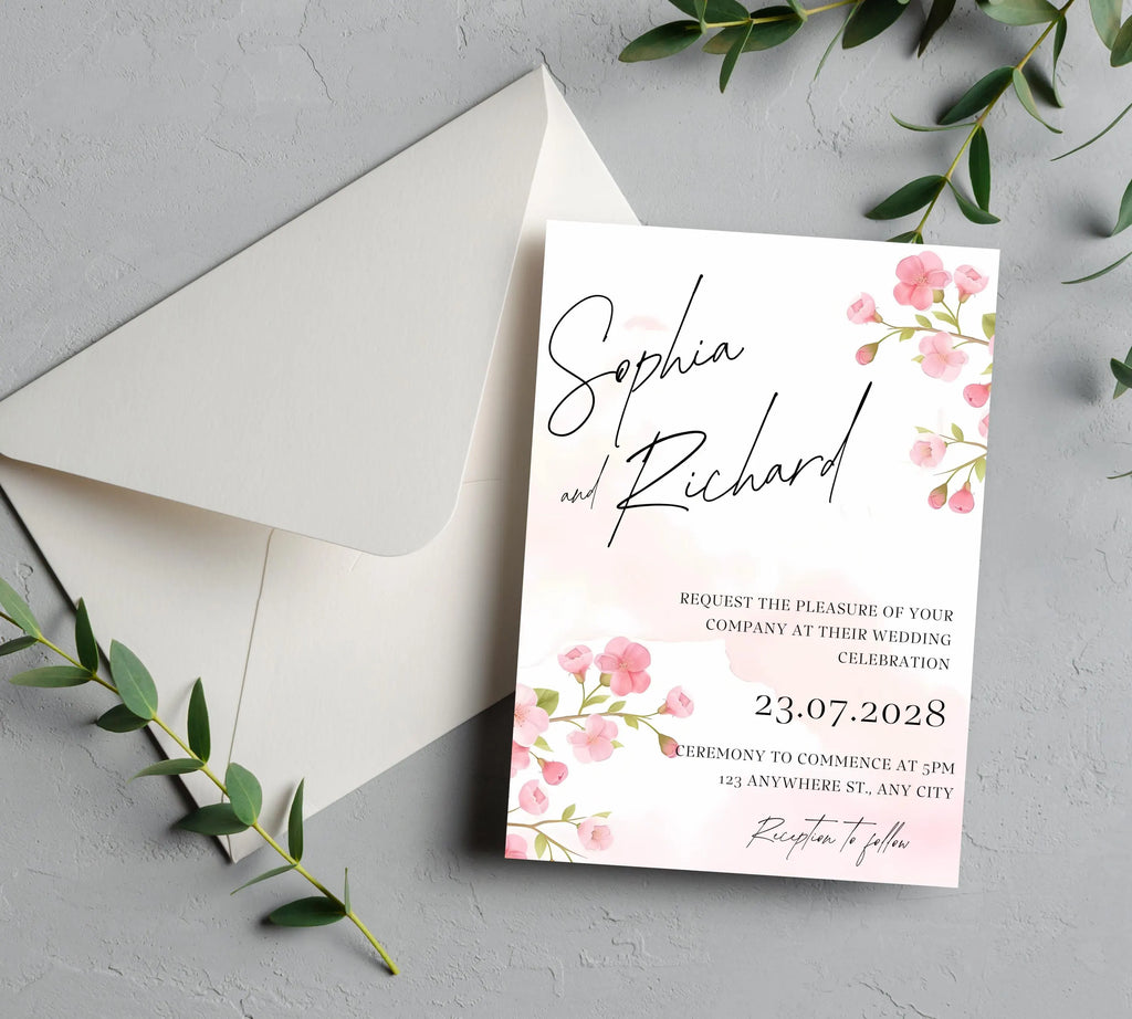 Editable Cherry Blossom Wedding Invitation suite, Pink Floral Wedding Invite set, Romantic Pink Cherry Blossom Wedding Invitations