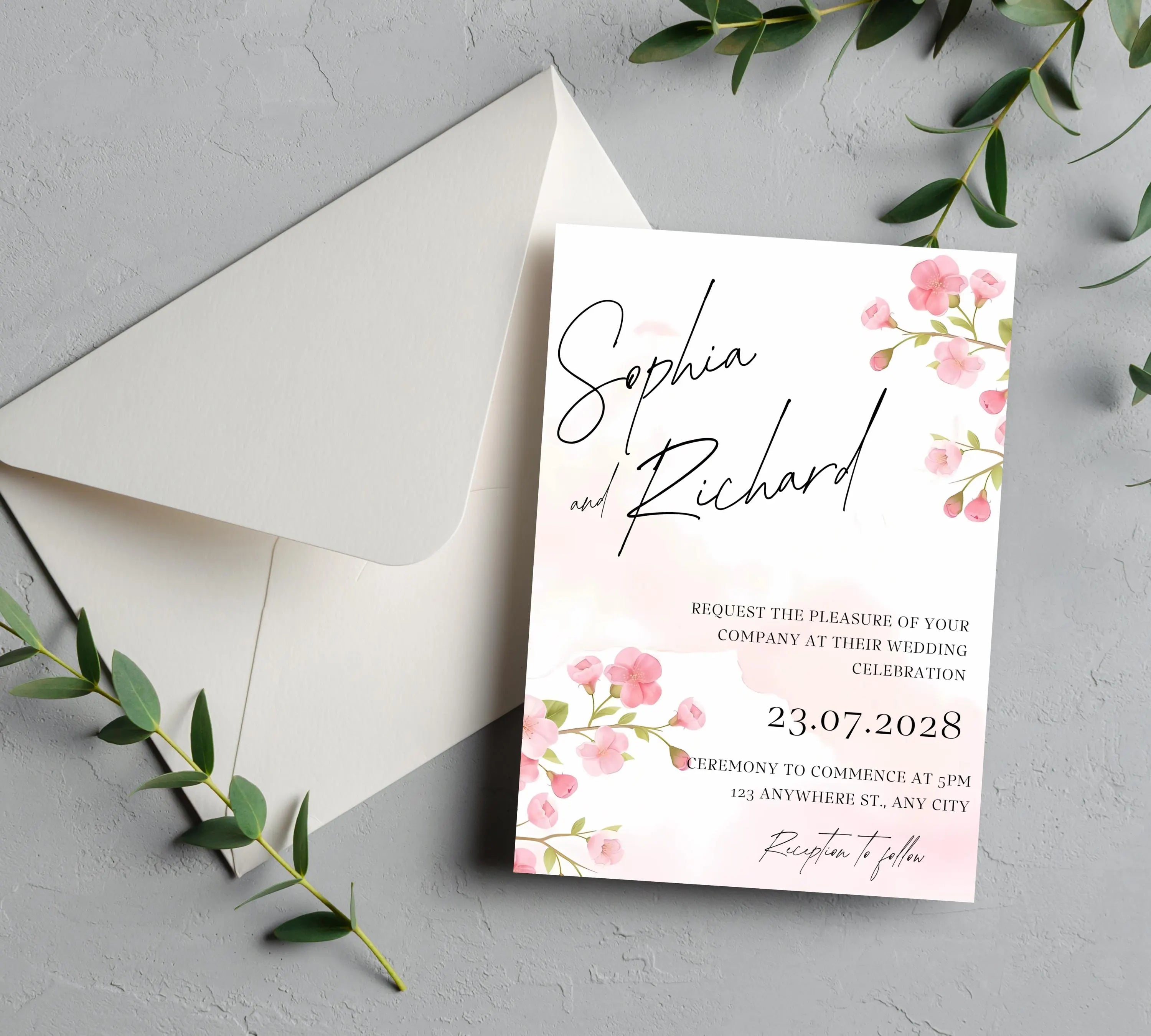 Editable Cherry Blossom Wedding Invitation suite, Pink Floral Wedding Invite set, Romantic Pink Cherry Blossom Wedding Invitations