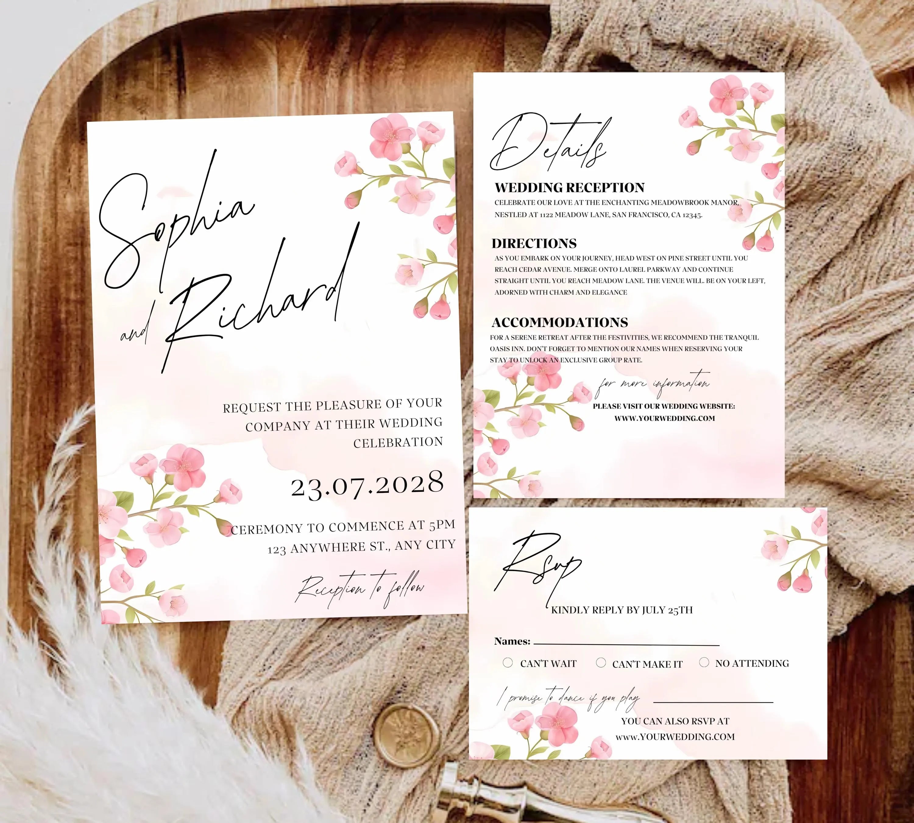 Editable Cherry Blossom Wedding Invitation suite, Pink Floral Wedding Invite set, Romantic Pink Cherry Blossom Wedding Invitations