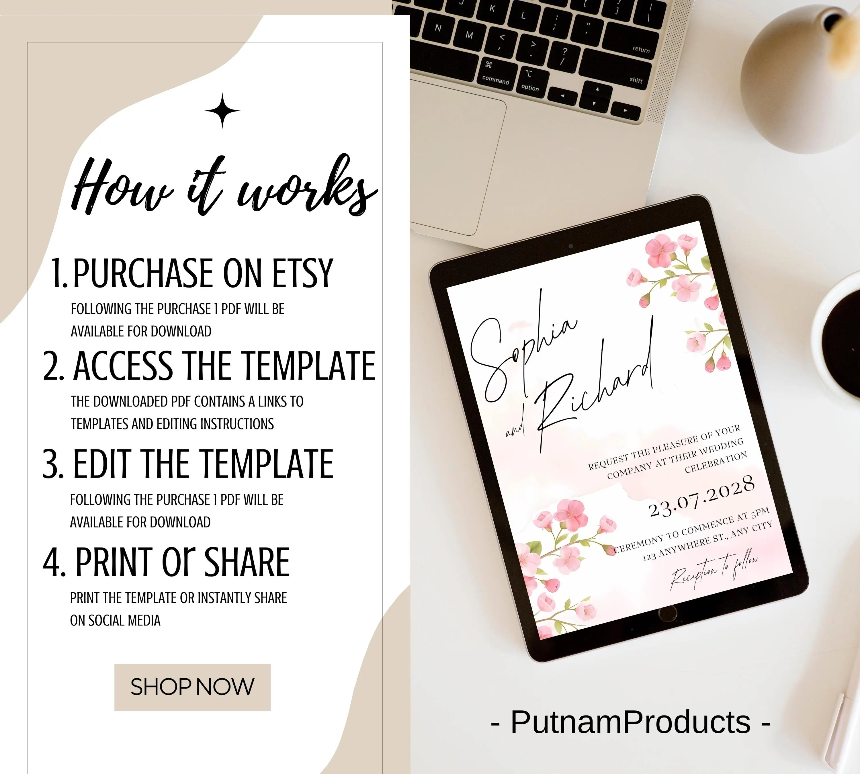 Editable Cherry Blossom Wedding Invitation suite, Pink Floral Wedding Invite set, Romantic Pink Cherry Blossom Wedding Invitations