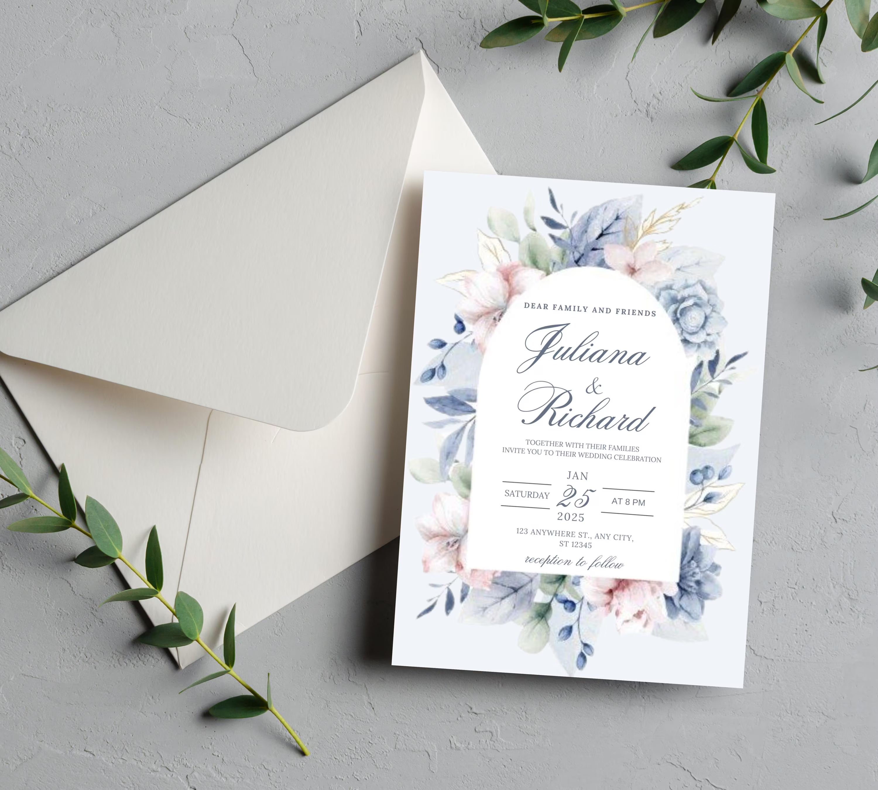Dusty Blue and Blush Floral Wedding Invitation bundle , Elegant Watercolor Invite set, Soft Pink and Blue Floral Invites, Modern Boho Invite