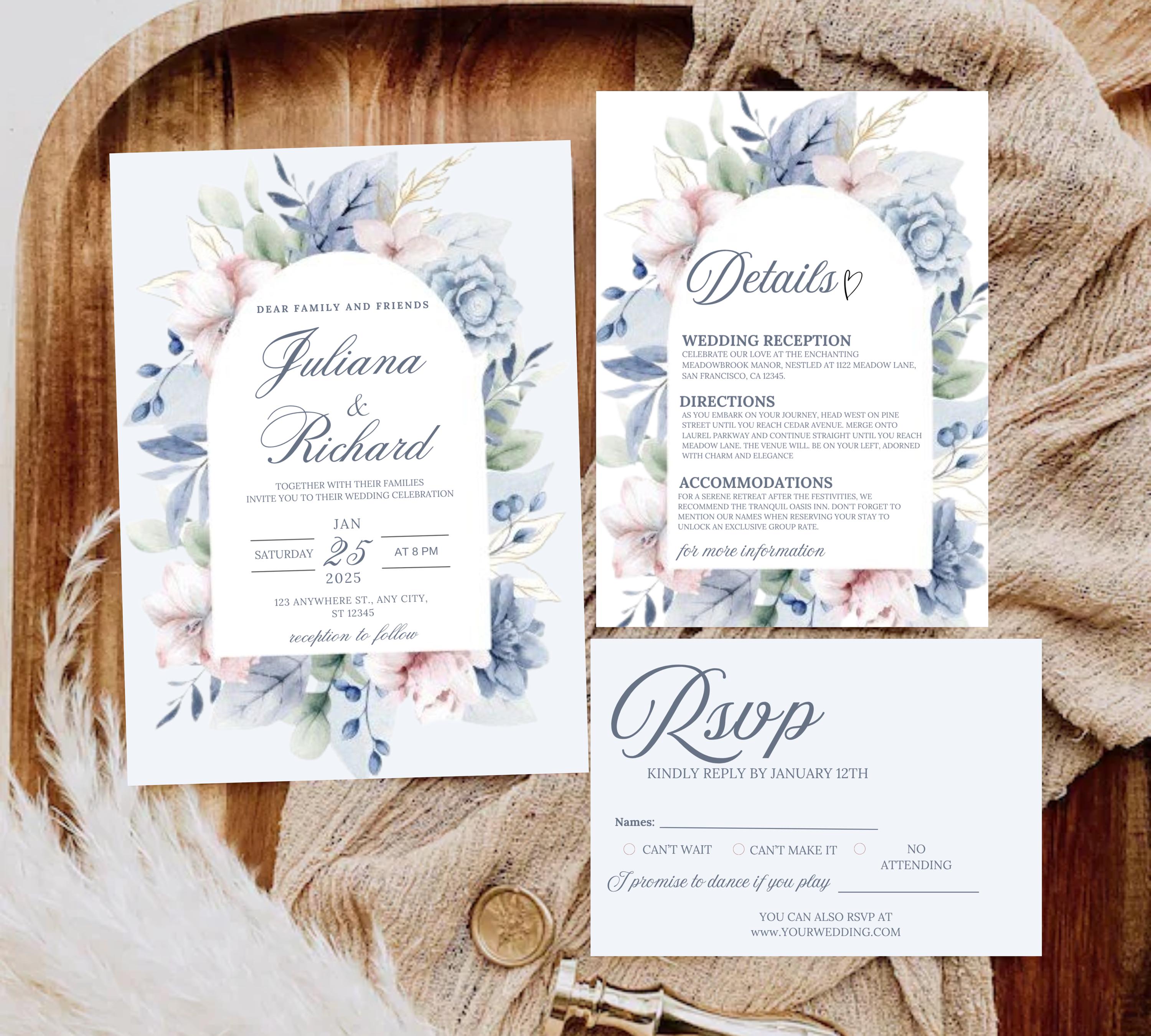 Dusty Blue and Blush Floral Wedding Invitation bundle , Elegant Watercolor Invite set, Soft Pink and Blue Floral Invites, Modern Boho Invite