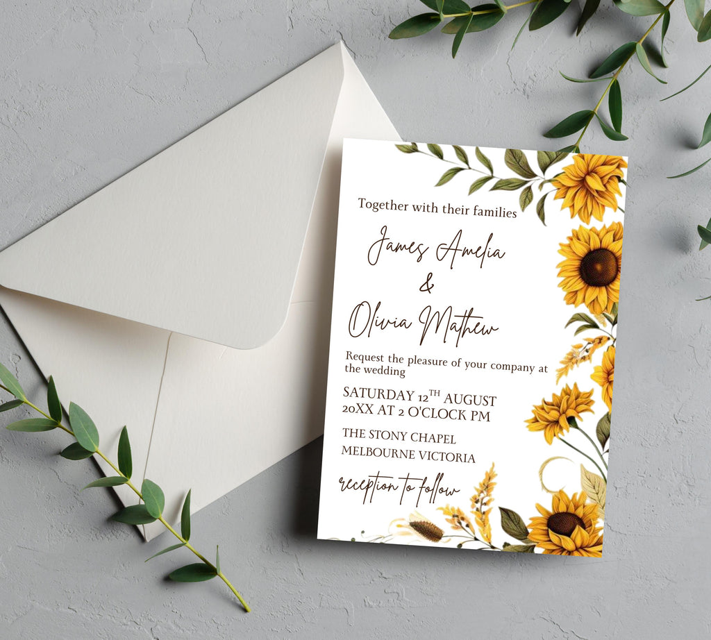 Sunflower Wedding Invitation bundle, Fall Wedding Invitation set, Autumn Wedding Invitation Template suite, Sage Yellow Floral Invite