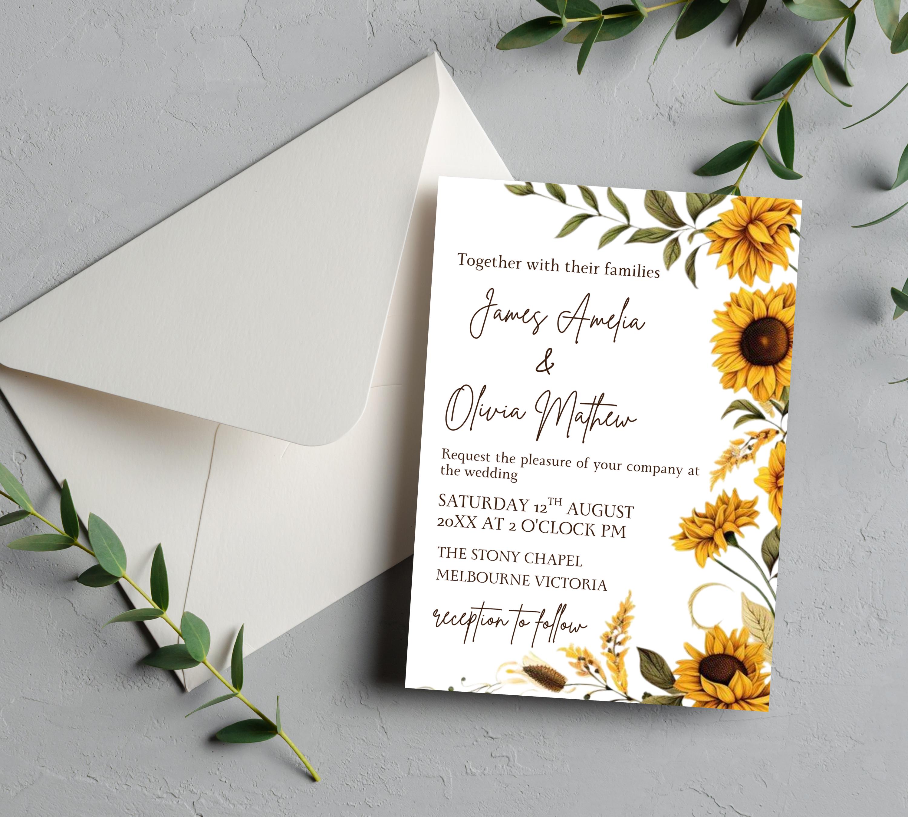 Sunflower Wedding Invitation bundle, Fall Wedding Invitation set, Autumn Wedding Invitation Template suite, Sage Yellow Floral Invite