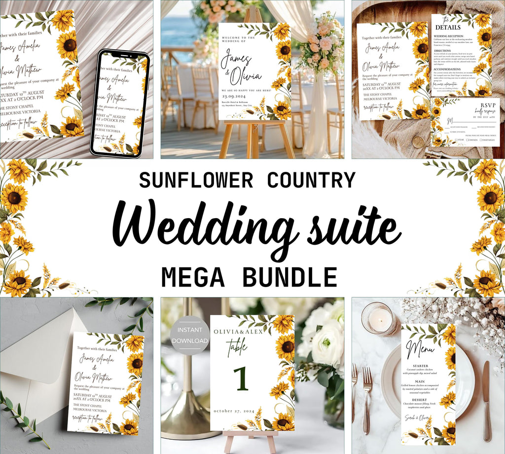 Sunflower Wedding Invitation bundle, Fall Wedding Invitation set, Autumn Wedding Invitation Template suite, Sage Yellow Floral Invite