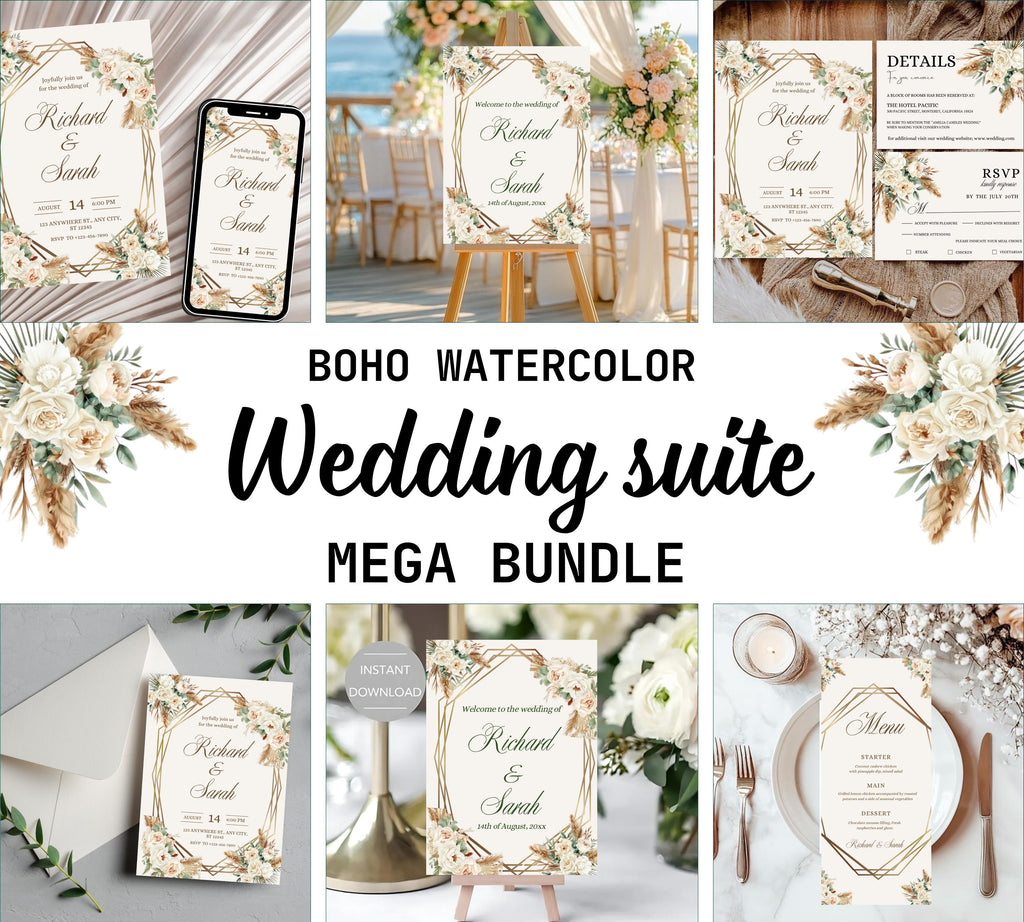 Boho Watercolor Wedding Reception bundle, Bohemian Wedding Template Suite, Watercolor Floral Boho Wedding Invitation bundle, RSVP QR Code