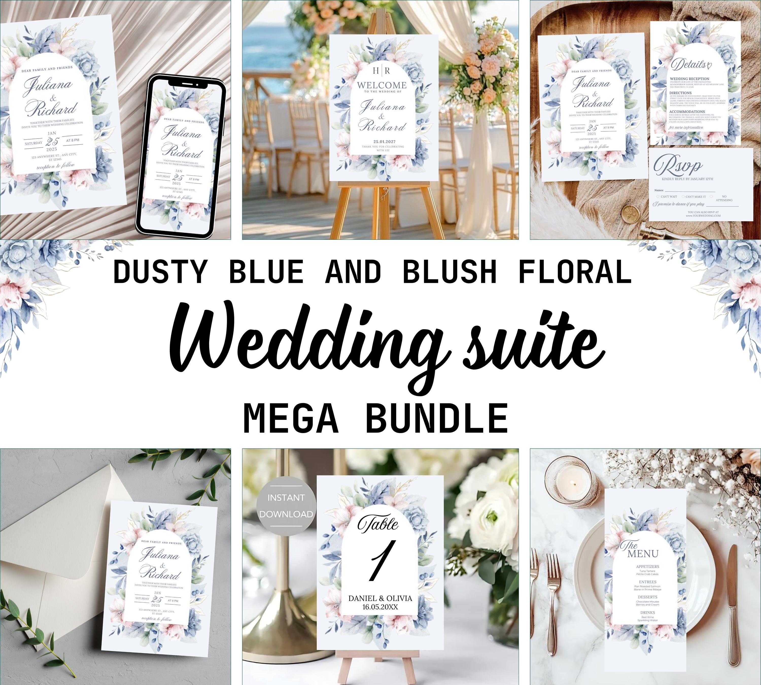 Dusty Blue and Blush Floral Wedding Invitation bundle , Elegant Watercolor Invite set, Soft Pink and Blue Floral Invites, Modern Boho Invite