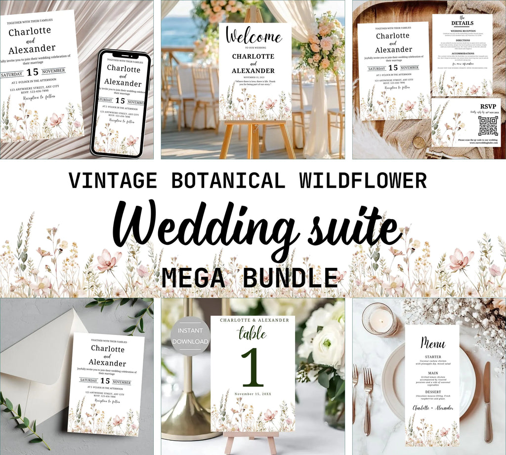 Botanical Wildflower Wedding Invitation Bundle, Floral Reception Wedding Invitation set, Minimal Wedding Table Signage suite